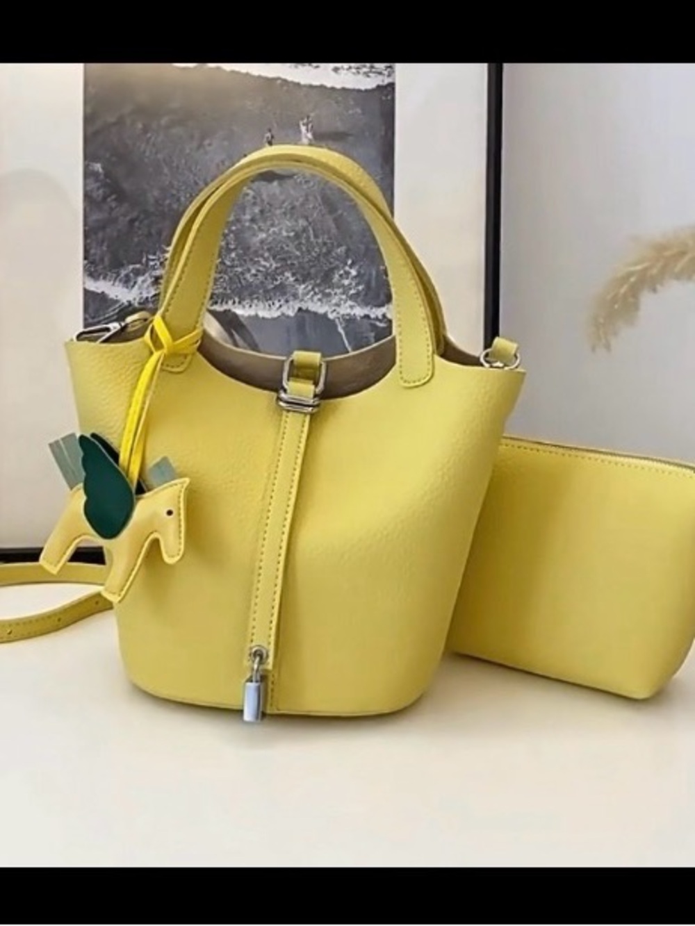 Women’s Yellow Leather Bucket Bag with Pouch